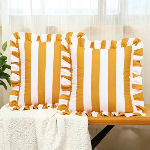 vctops Ruffle Square Throw Pillow Covers Boho Pink and Red Striped Decorative Pillowcases Set of 2, Soft Velvet Accent Cushion Cover Cases for Sofa Bed Living Room Decor (Ginger White,18"x18") by vctops