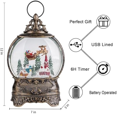 Christmas Village Snow Globe Lighted Flying Santa Scene, Musical Snow Water Lantern Swirling Glittering Home Decoration and Gift, Battery Operated or USB Powered - Image 2