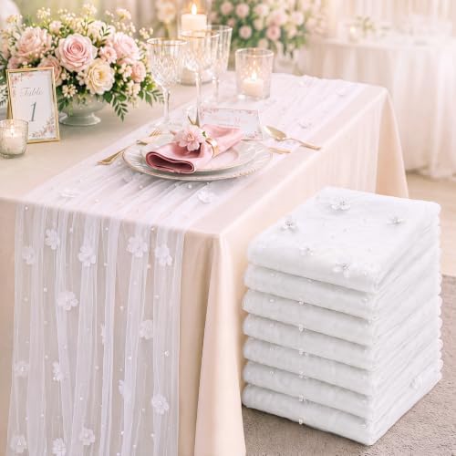6 Pcs 29x120'' Pearl Tulle Table Runner 10ft Wedding Tablecloth, White by Unknown