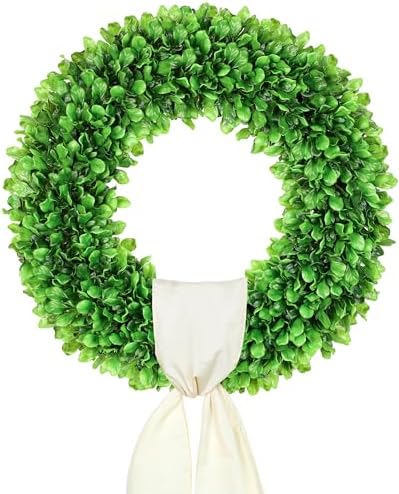 DDHS 23 Inch Large Boxwood Wreath for Front Door, Round Artificial Spring Summer Greenery Wreath with Hello Sign & Sash, Green Wreaths for Farmhouse Wedding Year Round Indoor Outdoor Home Decor by DDHS