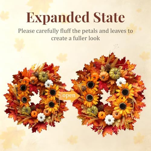 24 Inch Sunflower Fall Wreath for Front Door with Maple Leaves and Pumpkins - Image 4