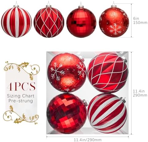 JORNOY Christmas Balls Ornaments Set, 6 inch/150mm Extra Large Shatterproof Plastic Hanging Bulbs for Xmas Tree Decorations Holiday Party with String, 4 Pack-Red&White - Image 4