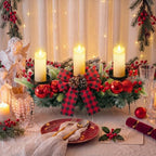 meekoo Christmas Centerpiece with 3 Candle Holders 3 LED Candles 1 String Lights Xmas Triple Candelabrum Red Buffalo Plaid Bow Berry with 3 Candle Holders for Tables Home Decorations - Image 2