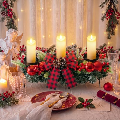 meekoo Christmas Centerpiece with 3 Candle Holders 3 LED Candles 1 String Lights Xmas Triple Candelabrum Red Buffalo Plaid Bow Berry with 3 Candle Holders for Tables Home Decorations - Image 2