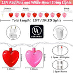 12Ft Red Pink Heart String Lights, Valentine's Day Decorations Lights Outdoor Waterproof with 20 LED Clear Heart Light with Glitter for Home Door Fireplace Windows Fence Valentines Day Party Decor - Image 2