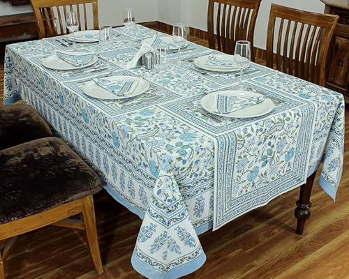 60x60 Inches Square Hand Block Printed Cotton Tablecloth, Green Blue Floral Table Cloths Washable, Indian Table Linen for Halloween Christmas Outdoor Thanksgiving Gifts Home Decor Dinning Outdoor - Image 3