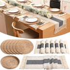 Boho Table Runner and Placemats Set, 6 Sets, Gray, 12x72 by Gandeer