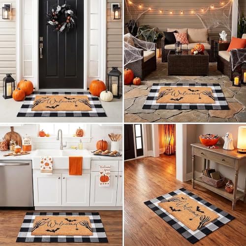 Halloween Welcome Door Mat Combo Set, Skeletal Hand Coco Coir Doormat -28" x 43" Black and White Plaid Rug, Autumn Front Porch Entryway Decor Floor Mat - Image 7