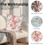 Rose Flowers Pillow Covers Pink Floral Green Leaves Set of 4 Blooming Peony Bouquet Retro Vintage Romantic Square Linen Pillowcases for Outdoor Couch Sofa Bedroom Patio Farmhouse 24x24Inch - Image 2