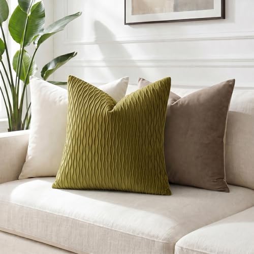 DEZENE 24x24 Moss Green Throw Pillow Cases: Pack of 2 Vertical Ripple Striped Velvet Square Decorative Pillow Covers for Farmhouse Couch Sofa Bed Living Room Home Decor - Image 4