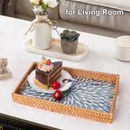 Rectangle Rattan Tray with Mother of Pearl Inlay, Rattan Serving Tray with Handle for Coffee, Bread, Fruits, Snacks, Decorative Wicker Tray for Table Decor (Rectangle Light Blue Leaf, 13"×9") - Image 6