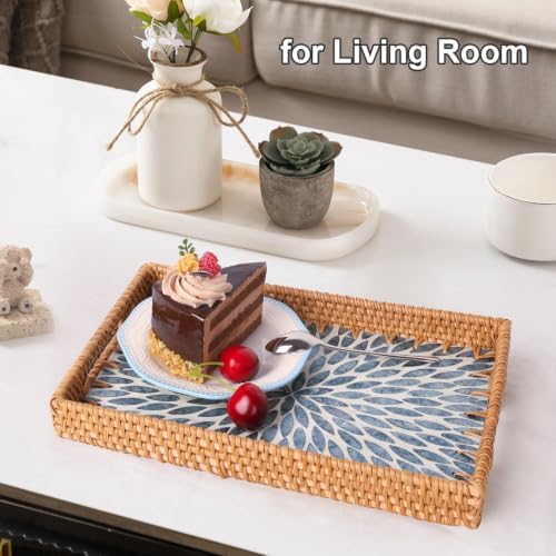 Rectangle Rattan Tray with Mother of Pearl Inlay, Rattan Serving Tray with Handle for Coffee, Bread, Fruits, Snacks, Decorative Wicker Tray for Table Decor (Rectangle Light Blue Leaf, 13"×9") - Image 6