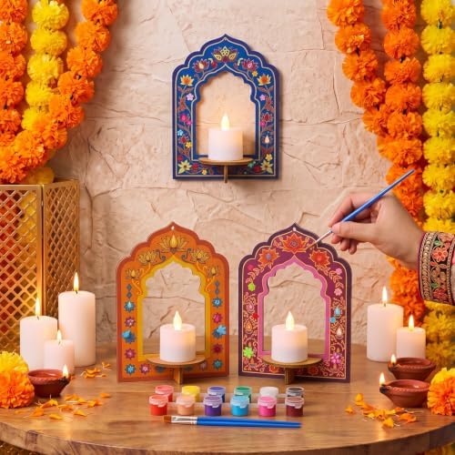 24 Set Diwali Coloring Lotus Candle Holder Kit Wooden Craft for Pooja - Image 4