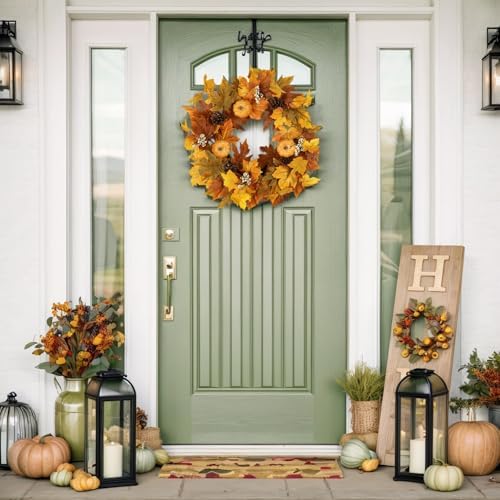 Fall Wreaths for Front Door Outside Autumn Wreath with Lights Berries Pine Cones Fall Decorations for Home Decor Pumpkin Wreath for Farmhouse Holiday Thanksgiving Harvest Halloween Outdoor - Image 5