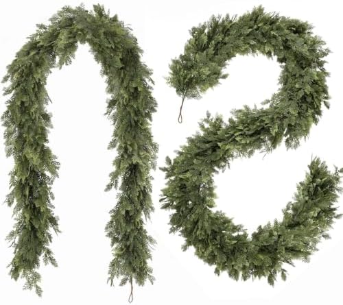 Christmas Garland 9FT Decorations Real Touch Cedar Cypress Pine Greenery Artificial Green Christmas Garland for Mantle, Fireplace, Table, Stairs, Door, Porch, Indoor Outdoor Decorations, 2Pcs by WelcometoAttgreatWeHaveAlwaysFirmlyBelievedEndlessBloomsEndlessCreativity