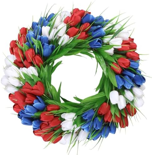 U'Artlines 20 Inch Tulip Patriotic Wreath for Front Door, Red White Blue by UArtlines