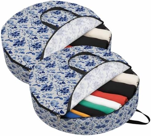 30 Inch Round Storage Bag 2 Pack,Retro Pastoral Flowers Waterproof Wreath Storage Container with Handles&Zipper Classic Country Blue Floral Closet Organizer Bags Garland Box - Image 2