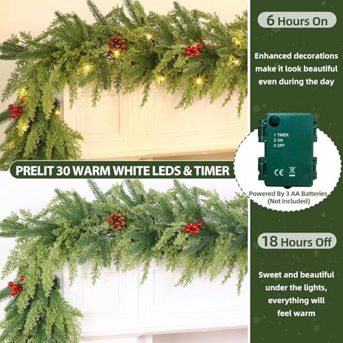 Thicker&Timer -6 Ft by 12 in Lighted Christmas Garland Real Touch Cedar Garland, Pre-Lit Lush Christmas Norfolk Pine Garlands Cypress Norfolk PE Tips Pine Cones Berries for Indoor Mantle Table Decor - Image 2
