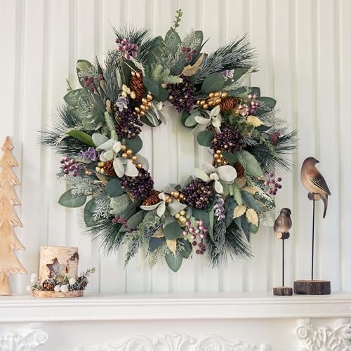 Winter Wreaths for Front Door, Soomeir Artificial Winter Door Wreath with Snow Leaves, Pine Needles and Blueberry Berries, for Home Window Indoor Outdoor Decor Decorations - Image 4