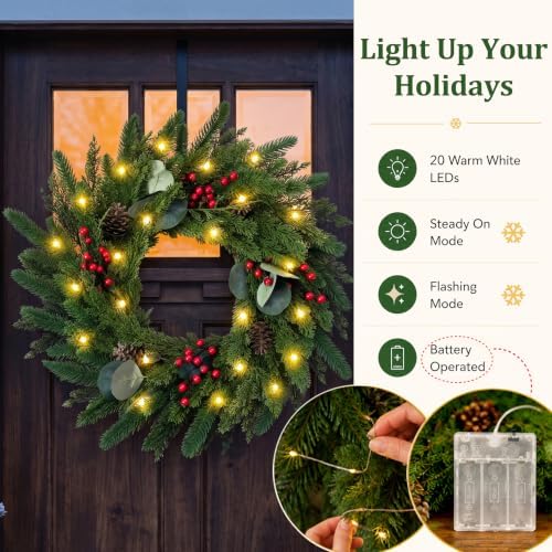24 Inch Christmas Wreath for Front Door Artificial Wreath with Lights Red - Image 6