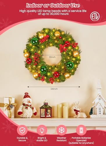 Minetom 24Inch Pre-Lit Christmas Wreath 24Inch, Christmas Door Decorations Wreath with 50LED Warm Lights - Image 7