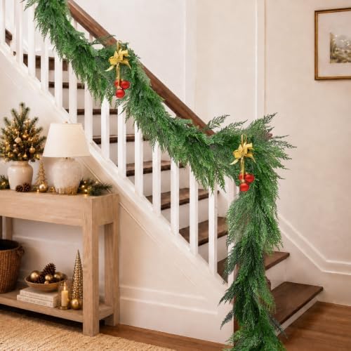 9FT Christmas Garland Full Layered Greenery Real Touch Cedar Garland - Image 4
