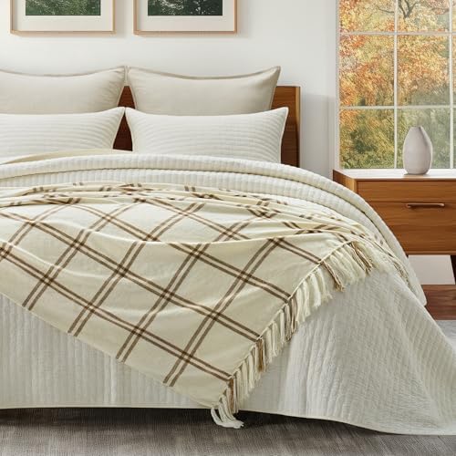 EverGrace Plaid Chenille Knit Throw Blanket, 60"x80", Cream & Beige - Image 6
