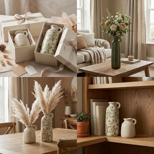 Vintage Chinoiserie Ceramic Vase Set of 3, Rustic Farmhouse Flower Vases - Image 6