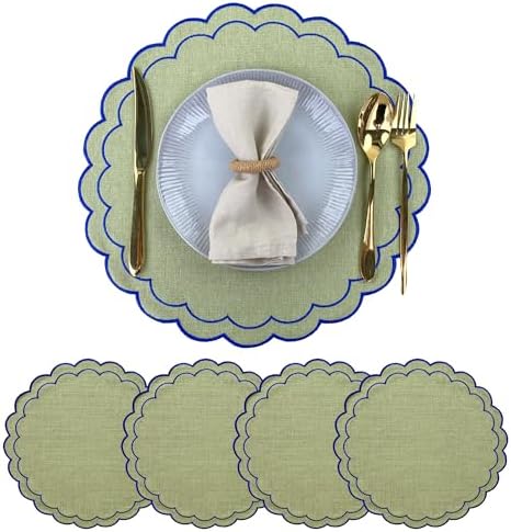 Linen Cotton Placemats Set of 4 Scalloped Flower Embroidery Place Mats 15'' Natural Linen Texture Fabric Machine Washable Table Mats for Restaurant Kitchen,Table Decor(Matcha Green) by lyssiatina