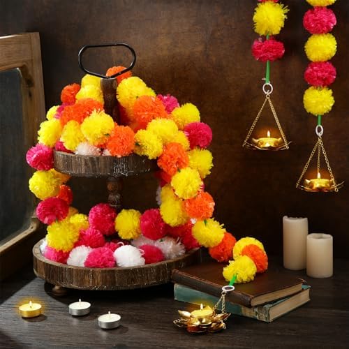 6 Sets Marigold Garland with Lotus Candle Holders for Diwali Pooja Puja - Image 6