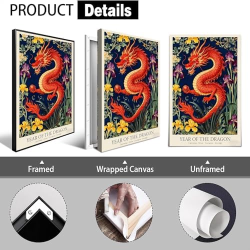 Chinese Lunar Year of the Dragon Art Print – Captivating Yellow & Purple Iris Zodiac Wall Decor for Home Bathroom Bedroom Living Room and Office 20X30 in Black Framed - Image 2
