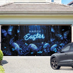 Happy Easter Glowing Garage Door Banner 7x16FT, Neon Happy Easter Garage Door Cover with Blue Butterflies and Easter Eggs, Spring Holiday Decoration for Yard and Garage - Image 2