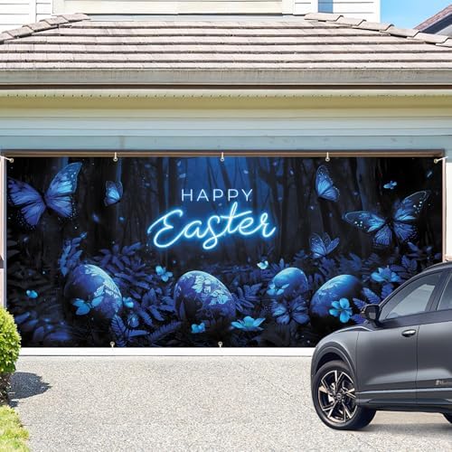 Happy Easter Glowing Garage Door Banner 7x16FT, Neon Happy Easter Garage Door Cover with Blue Butterflies and Easter Eggs, Spring Holiday Decoration for Yard and Garage - Image 2