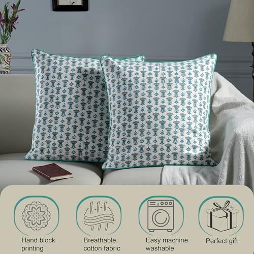 Ridhi Block Print Aquamarine Blue Pillow Cover 20" x 20" (Pack of 2) Decorative Couch Pillows for Living Room, Farmhouse Chic Boho Cute Outdoor Pillows Covers Gifts for Spring, Mother's Day - Image 5