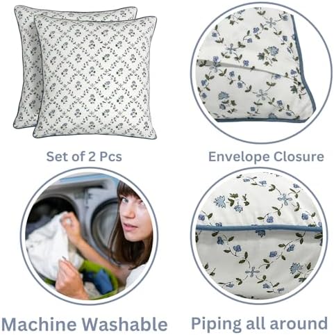 Ridhi Block Print Powder Blue Pillow Cover 18" x 18" (Pack of 2) Decorative Couch Pillows for Living Room, Farmhouse Chic Boho Cute Outdoor Pillows Covers Gifts for Spring, Mother's Day - Image 3