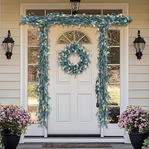 70 Inch Blue Eucalyptus Garland with White Flowers - Long Artificial Vine Garland for Staircase, Mantel, Fence, Front Door, Indoor/Outdoor Hanging Decor for All Seasons - Image 4