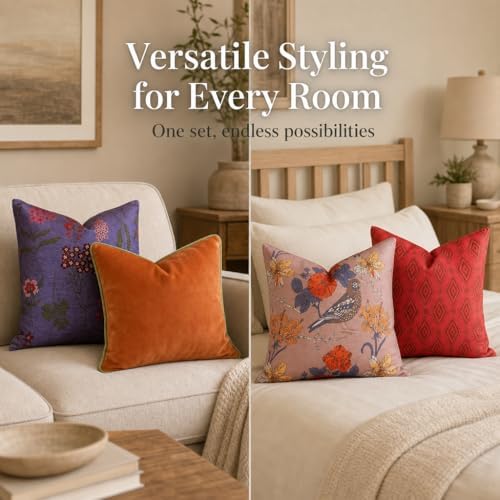 Embroidered Bold Patterned Throw Pillow Covers, 4 Pack Set, 18x18 Inch Floral Printed Modern Accent Pillow Covers - Image 4