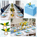 Preboun 24 Pcs Blue Cloth Napkins 19"x19" with Lemon Napkin Rings - Image 6