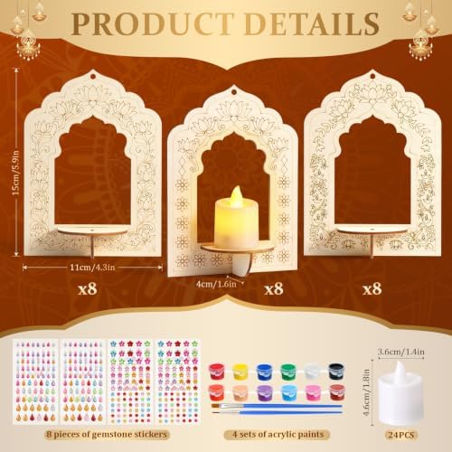 24 Set Diwali Coloring Lotus Candle Holder Kit Wooden Craft for Pooja - Image 2