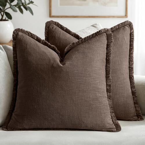 MIULEE Linen Fringe Decorative Fall Euro Pillow Covers Reddish Brown 22x22 by MIULEE