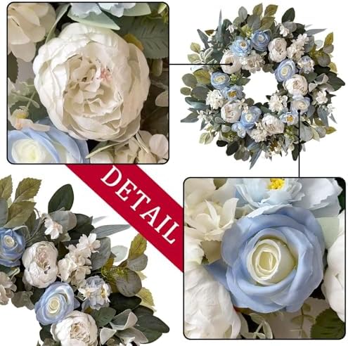 WANNA-CUL 24 Inch Spring White Peony Wreath Baby Blue Rose Front Door - Image 5
