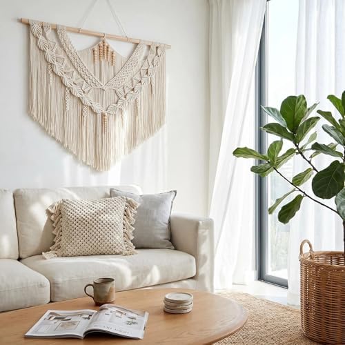 Large Macrame Wall Hanging 43"x32" - Handmade Woven Tapestry Boho Wall Decor for Bedroom Living Room Sofa Backdrop Natural Cotton Rope Long Fringe Tassel Bohemian Home Wall Art Decor with Wood Beads (Beige-B) - Image 6