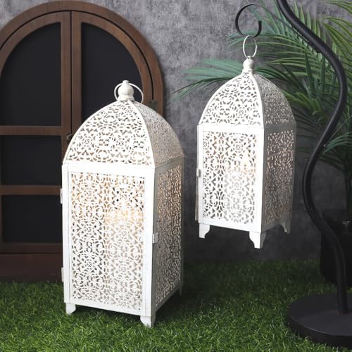 TRIROCKS Large Decorative Candle Lantern Set-16.5''&12'' High Metal Temple Moroccan Lantern Lamp for Home Decorations Living Rooms Gardens Parties Wedding Indoors and Outdoors - White with Gold Brush - Image 3