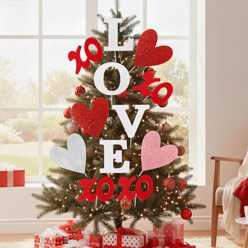 Valentines Day Decorations Tree Ornaments: 12 pcs Extra Large Red Pink White Love Heart XOXO Decorations, Glitter Heart Picks Ornaments for Valentine's Day Tree Topper Home Wedding Office Décor - Image 6