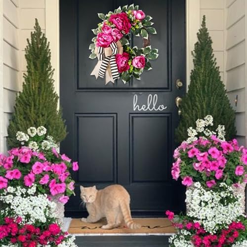 vofuly Spring Summer Wreath for Front Door,hot Pink Peony Wreath with Bow - Image 5