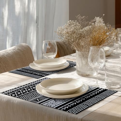 Shrahala Traditional African Geometric Placemats, Black and White Tribal Ethnic Table Mat Linen Burlap Washable Double-Deck Heat Insulation for Dining Table Kitchen Table Set of 6 (12 X 18 Inch) - Image 4