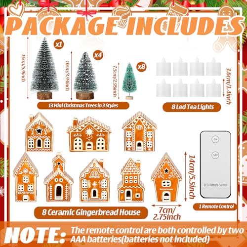 WILLBOND 29 PCS LED Gingerbread Christmas Village Sets 8 Lighted Ceramic Gingerbread Village Houses with Remote Control and 13 Trees Christmas Figurines Decor for Home Tabletop Mantel Shelf Decor - Image 3