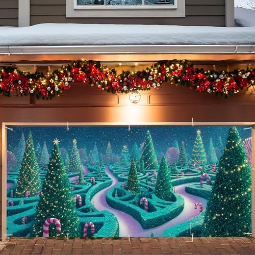 Christmas Maze with Trees Garage Door Banner 7x16FT, Winter Wonderland Holiday Scene, Outdoor Xmas Decoration for Garage Doors, Large Garage Cover for Christma by ANNAQUEEN