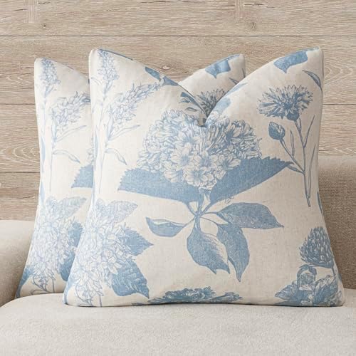 Foindtower Set of 2 Linen Floral Vintage Throw Pillow Covers Neutral Accent Decorative Cozy Cushion Covers Farmhouse Boho Home Decor for Sofa Chair Couch Bedroom Living Room,24×24 Inch,Sky Blue by Foindtower