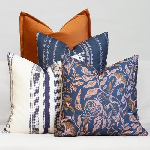 Floral Boho Decorative Throw Pillow Covers, Set of 4, 18x18 Inch Navy Blue Earth Tone Patterned Accent Pillow Covers by Unknown